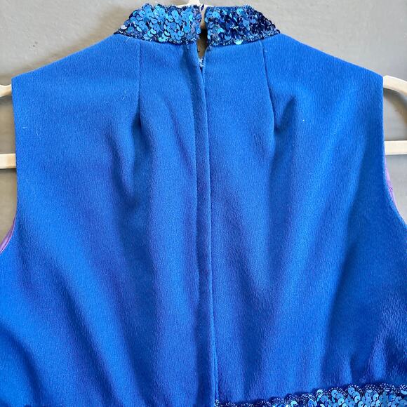 Vintage 70s Blue Maxi Dress Fitted Sleeveless Gown Dress Small Sequin Trim - Picture 9 of 11